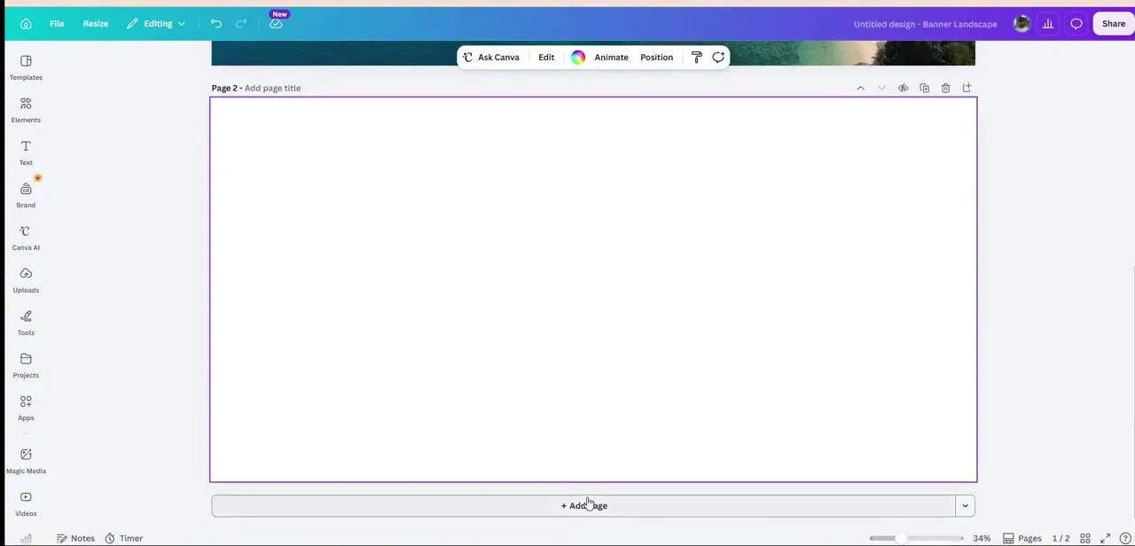 A blank second page added beneath the first, with the Add page control ready to create a third panel.