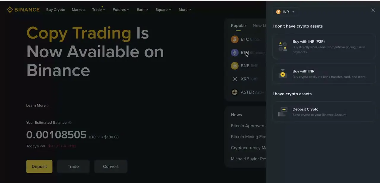 The Binance dashboard, with Deposit, Trade, and Convert as the primary actions and a side panel offering to buy crypto directly or deposit crypto you already hold.