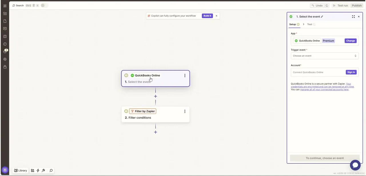 The first Zap step with QuickBooks Online selected as the app, the trigger event dropdown still empty, and a Filter by Zapier step waiting below.