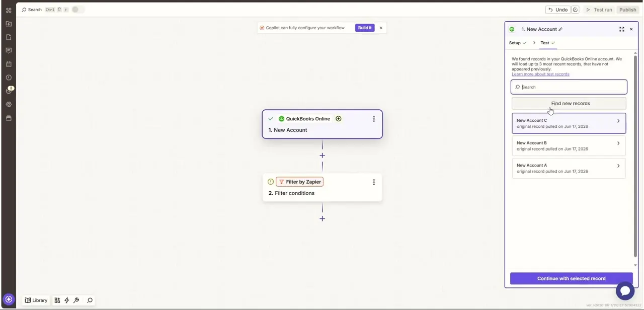 The trigger's Test tab, showing three real QuickBooks accounts pulled in as sample records to build the rest of the Zap against.