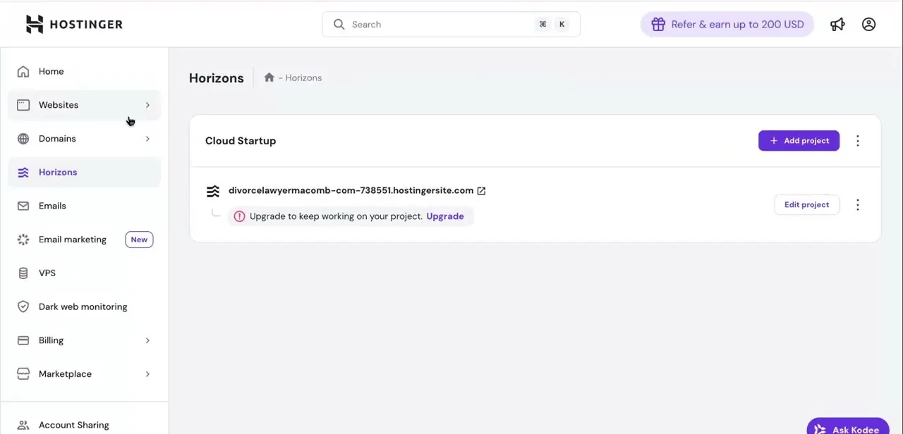 The Websites section of hPanel, listing an active project. This is the jumping-off point to whichever editor the site was built in.