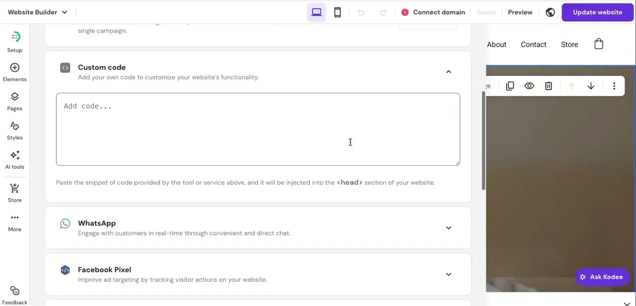 Website Builder's Custom code panel under Integrations, where pasted tags are sorted into head or body automatically by tag type.