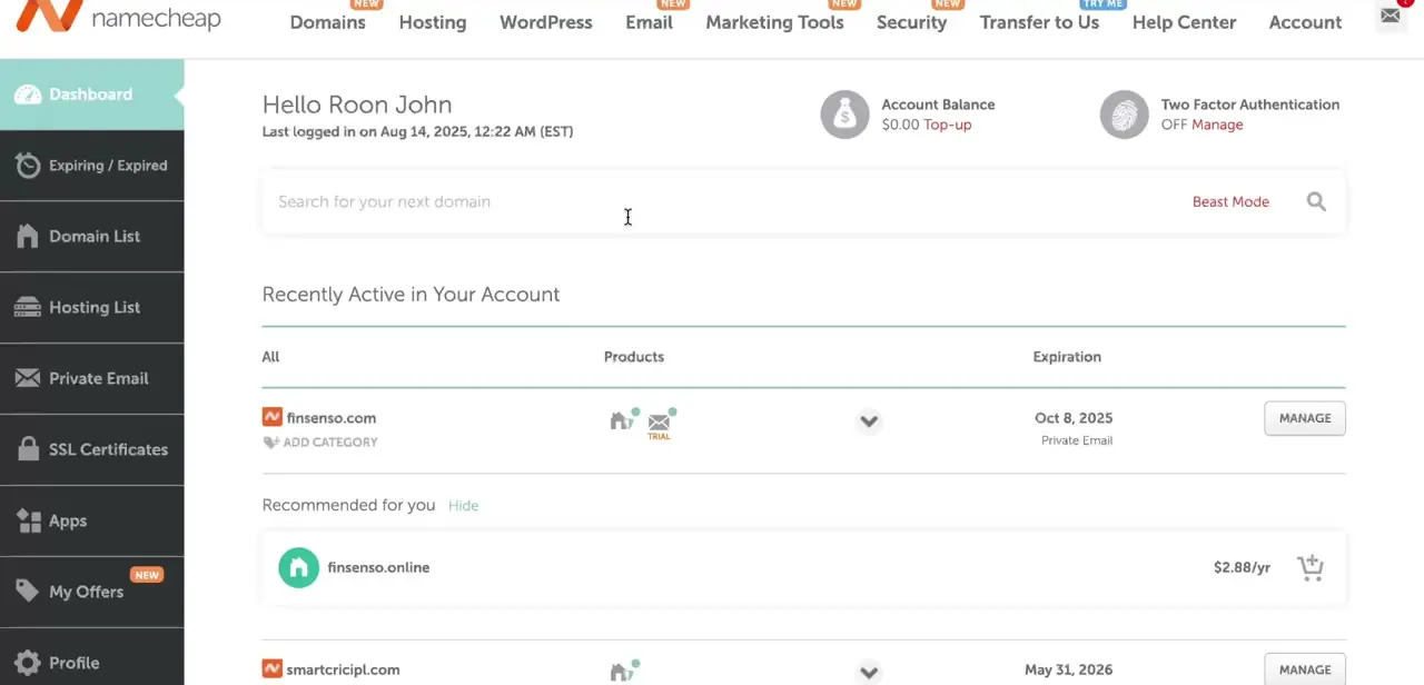 The Namecheap Dashboard, listing active domains with their products and expiration dates — the starting point for checking what needs to be cancelled first.