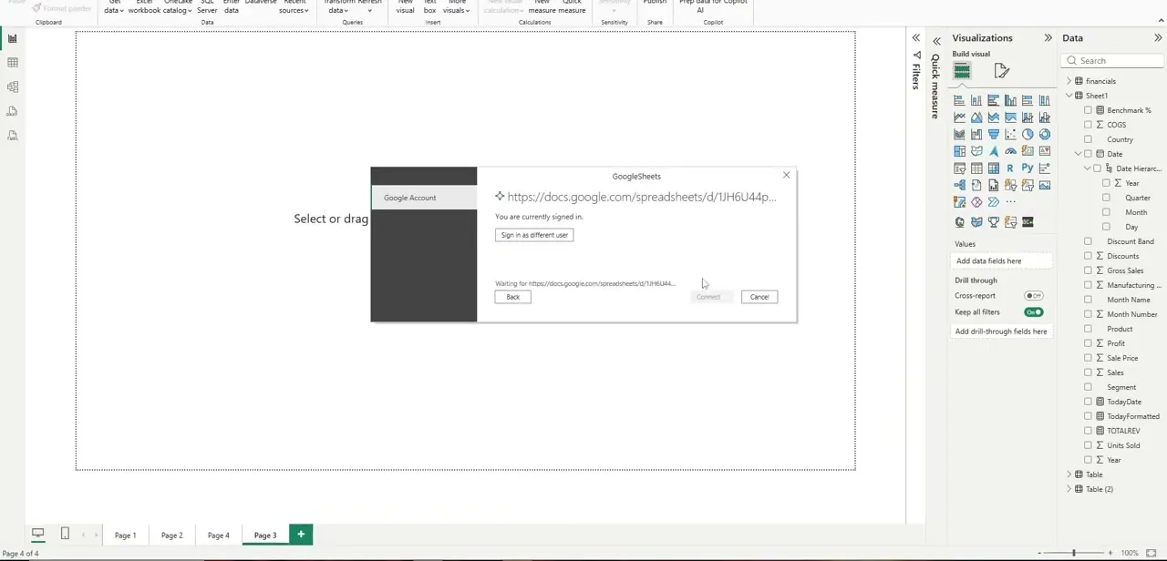 The Google account confirmation screen, showing the signed-in account and an option to switch users before connecting.