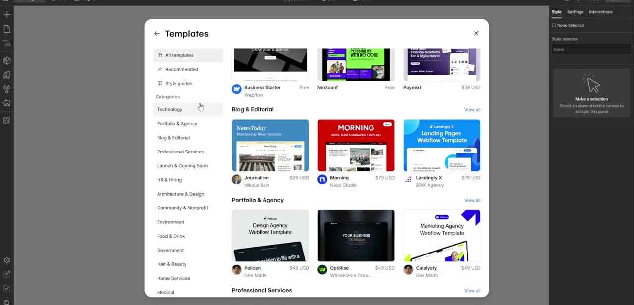 The Templates modal's category sidebar and grid, grouping options like Business Starter and Nextconf under sections such as Blog & Editorial.