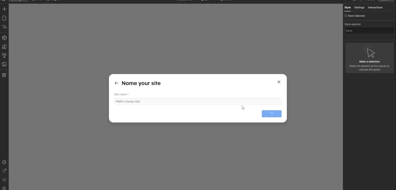 The "Name your site" dialog that appears immediately after cloning a template, prefilled with a placeholder name to replace.