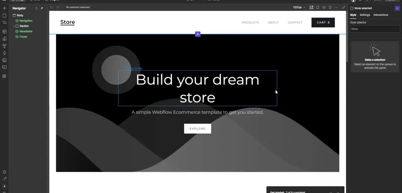 A cloned ecommerce template open in the Designer, with the hero heading selected and the page's section structure visible in the Navigator.