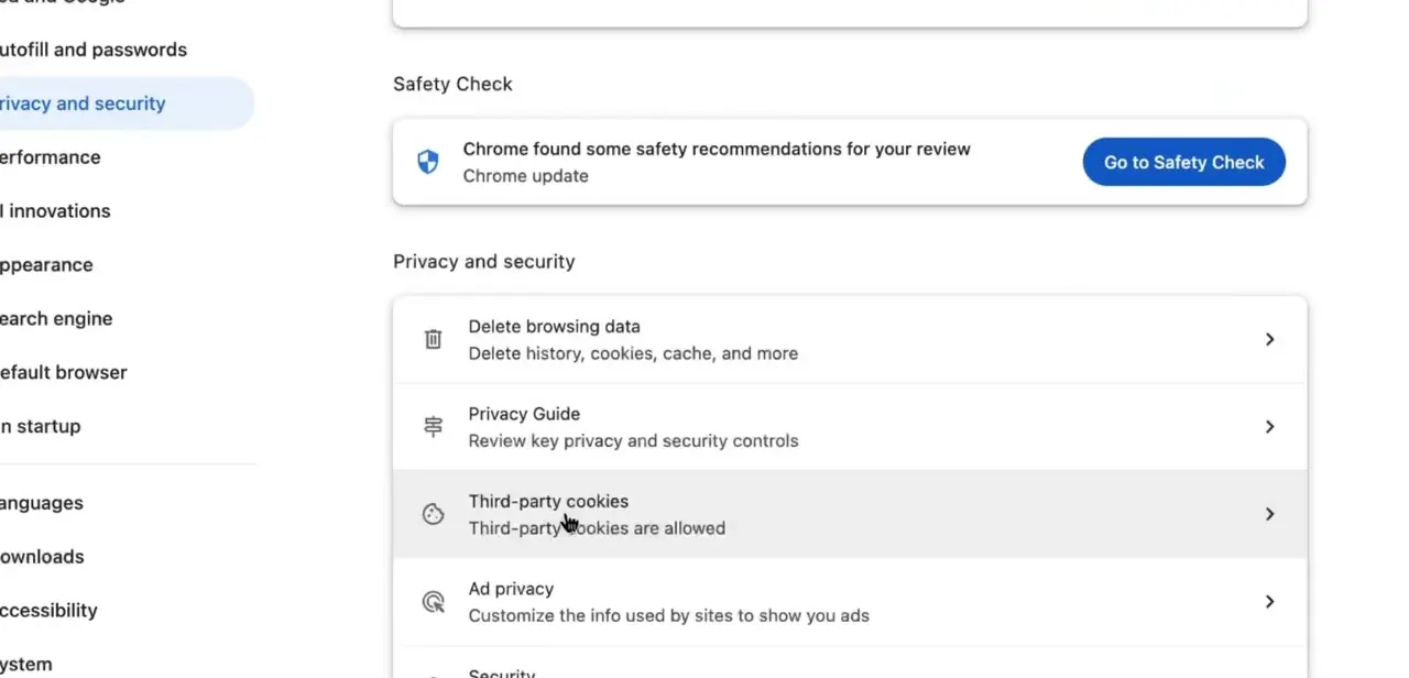 Chrome's Privacy and security settings page, with Delete browsing data and Third-party cookies among the listed controls.