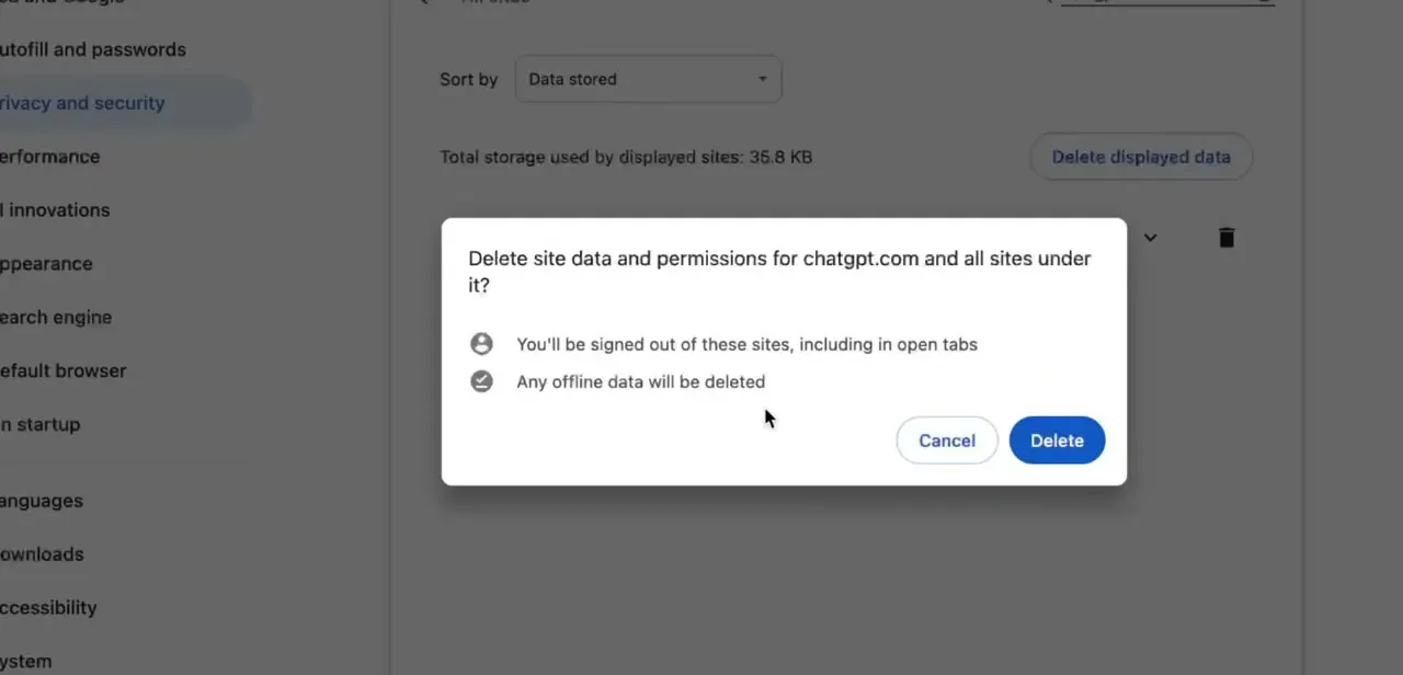 Chrome's confirmation dialog for deleting site data and permissions specifically for chatgpt.com.