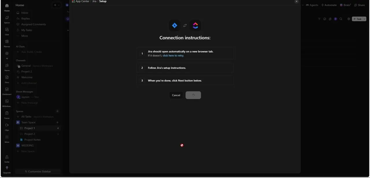 ClickUp's Jira setup screen, walking through the three-step handoff to Jira's own login and authorization page.