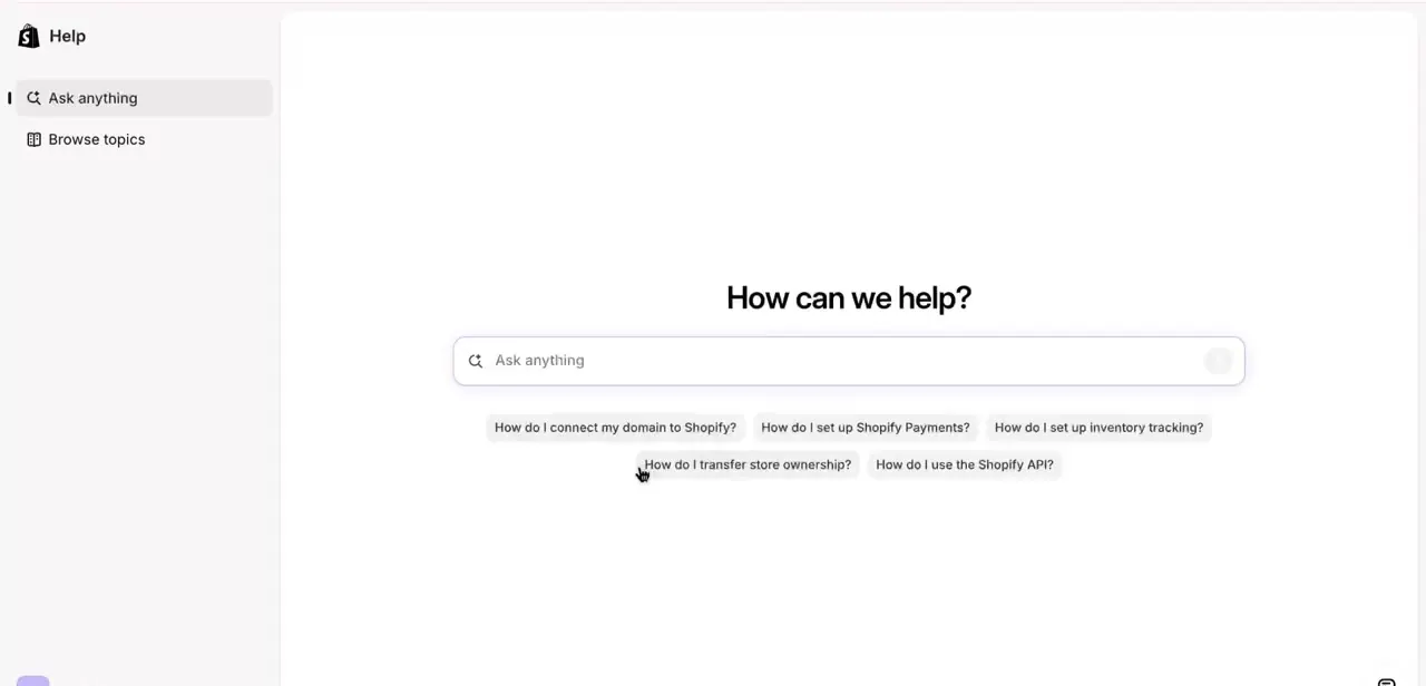The Shopify Help Center's "How can we help?" screen, the starting point for reaching a Support Advisor when self-service fixes aren't enough.