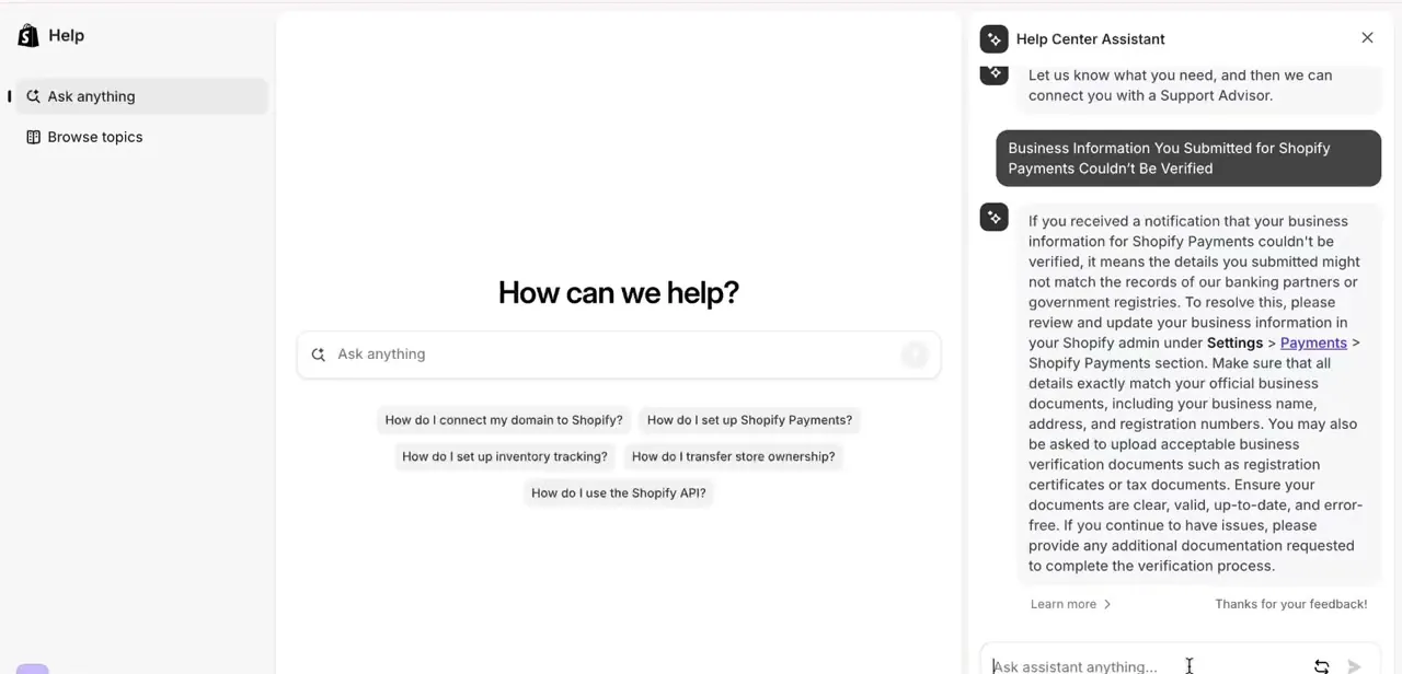 Shopify's Help Center Assistant responding to a question about the business information verification error, pointing back to Settings, Payments for the fix.
