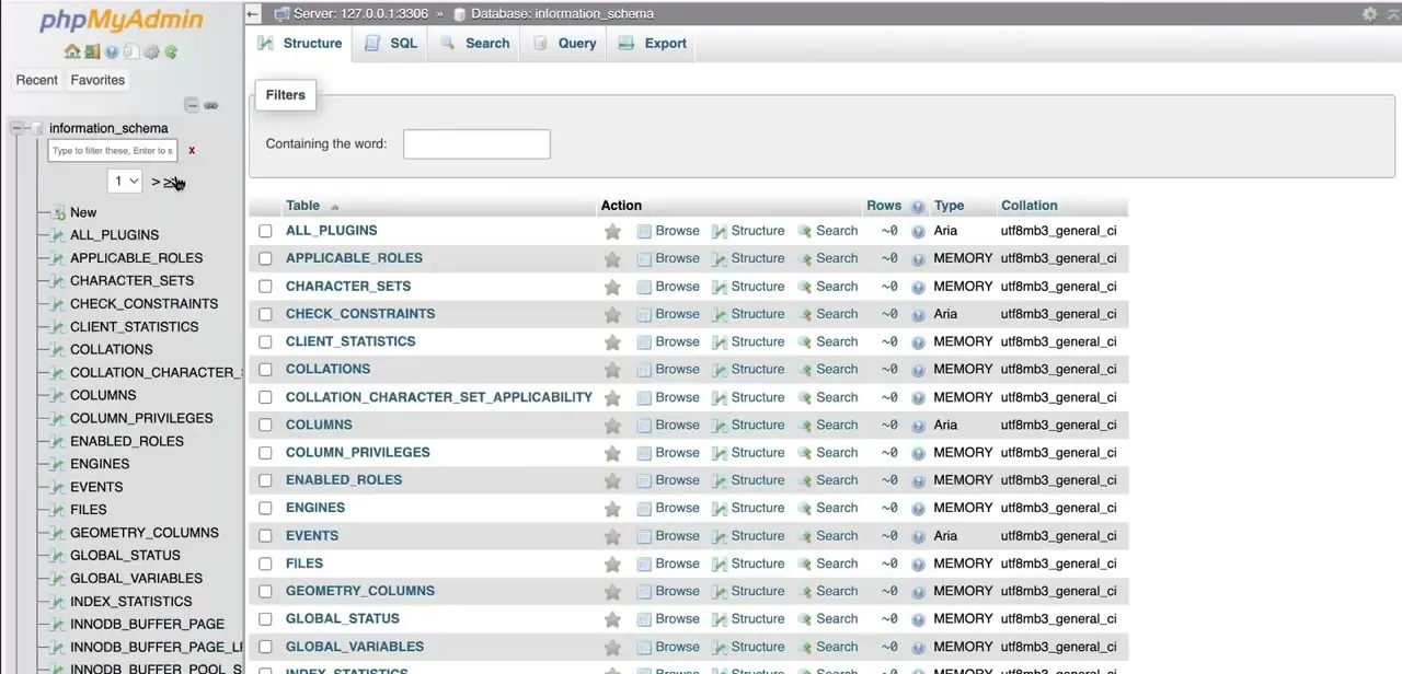 phpMyAdmin's Structure view showing the information_schema database's system tables, with Browse, Structure, and Search actions per table.