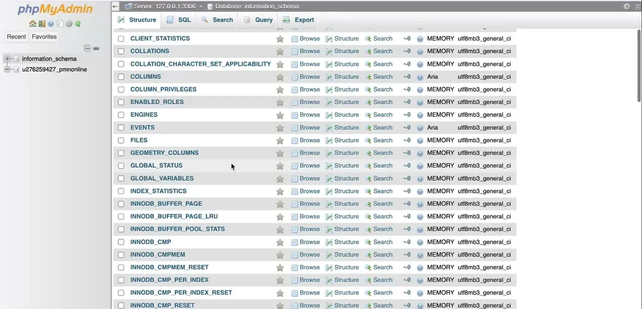 The phpMyAdmin sidebar listing information_schema alongside a real Hostinger-created database, u276259427_pmnonline.