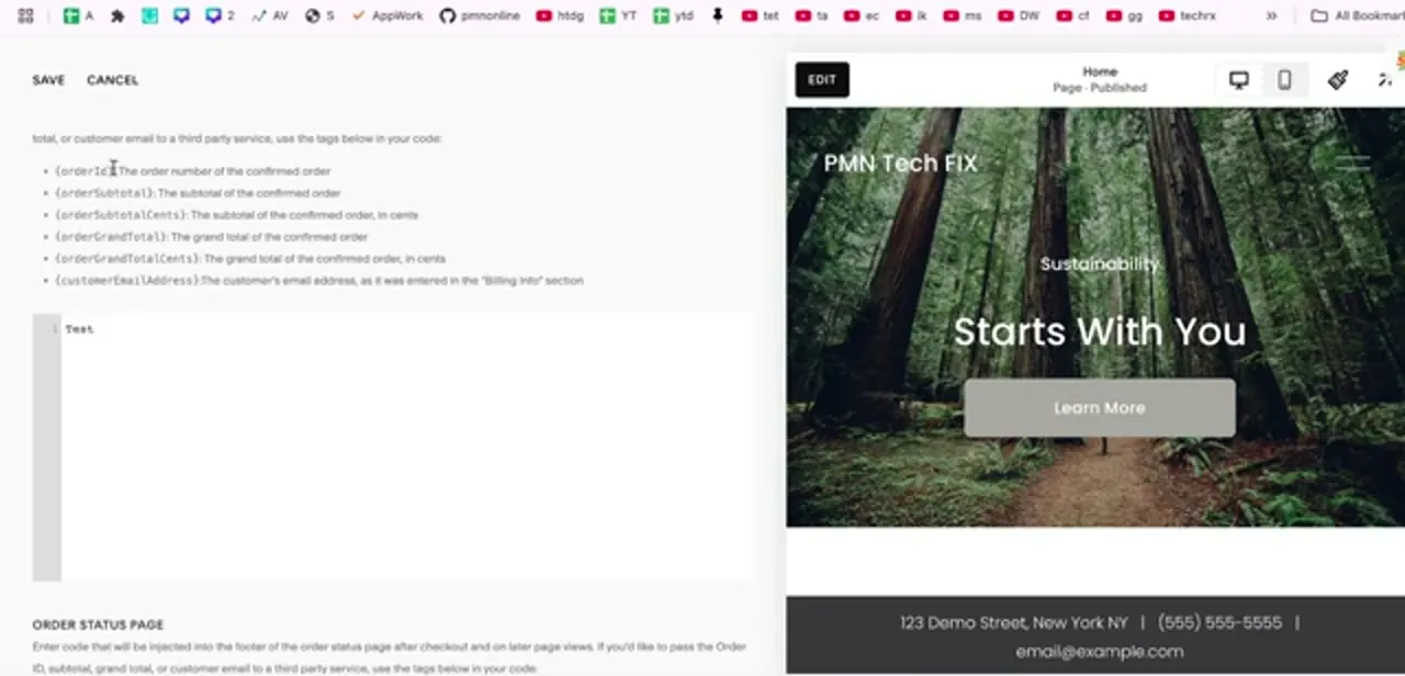 The Commerce injection fields, listing the order variables — order ID, subtotal, grand total, and customer email — that can be passed into a post-purchase script.