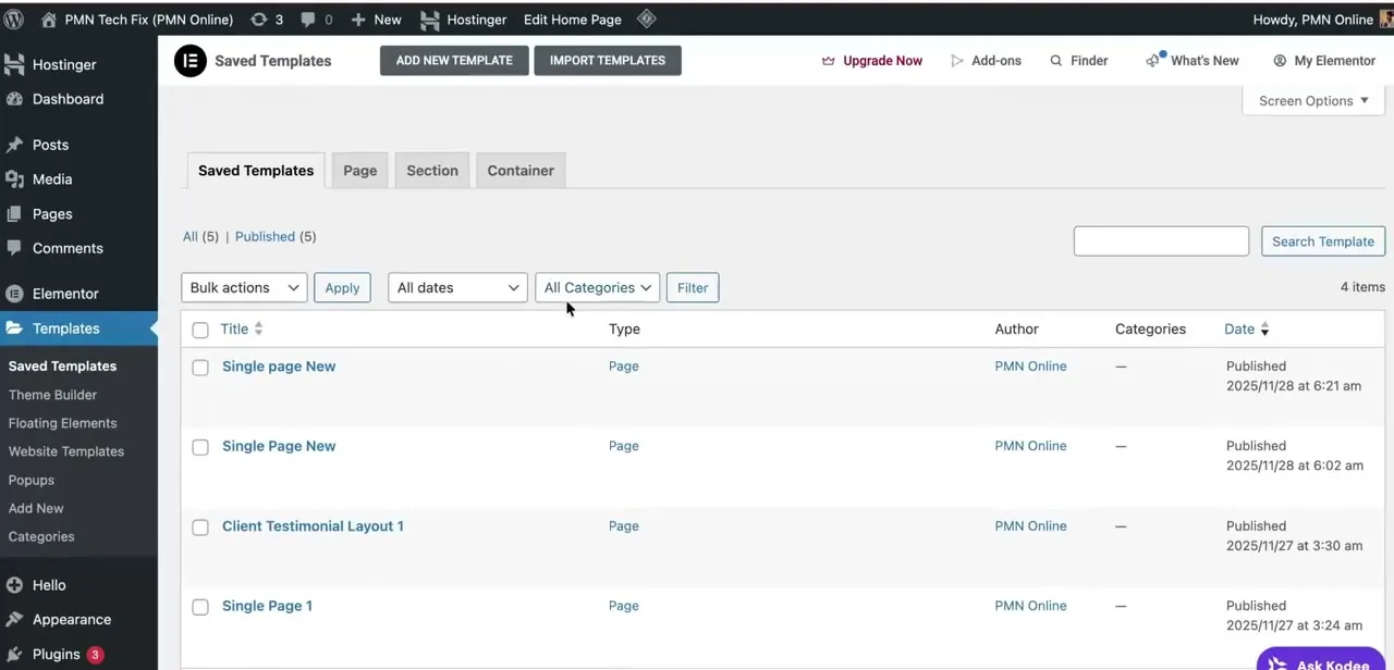 The Saved Templates screen, with Add New Template and Import Templates buttons at the top and existing templates listed below by title, author, and date.