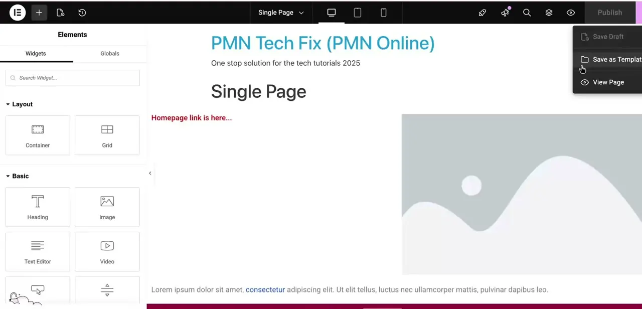 The Publish dropdown with Save as Template as an option alongside Save Draft and View Page — this is the single action that moves a page design into your reusable Template Library.