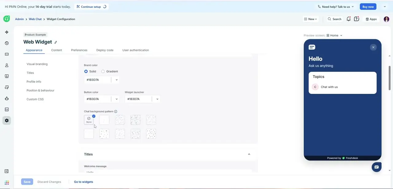 The Widget Configuration page's Appearance tab, showing brand color controls and a grid of chat background pattern options next to the live preview.