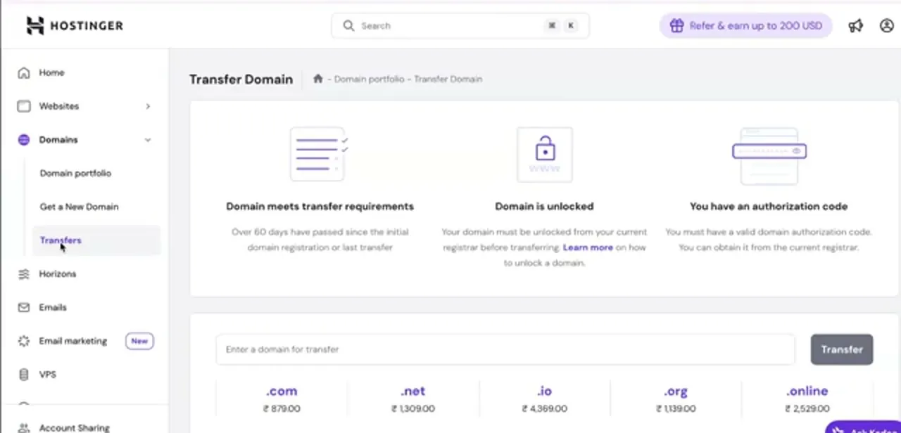 Hostinger's Transfer Domain page listing the three requirements, with the domain entry field and per-extension pricing below.
