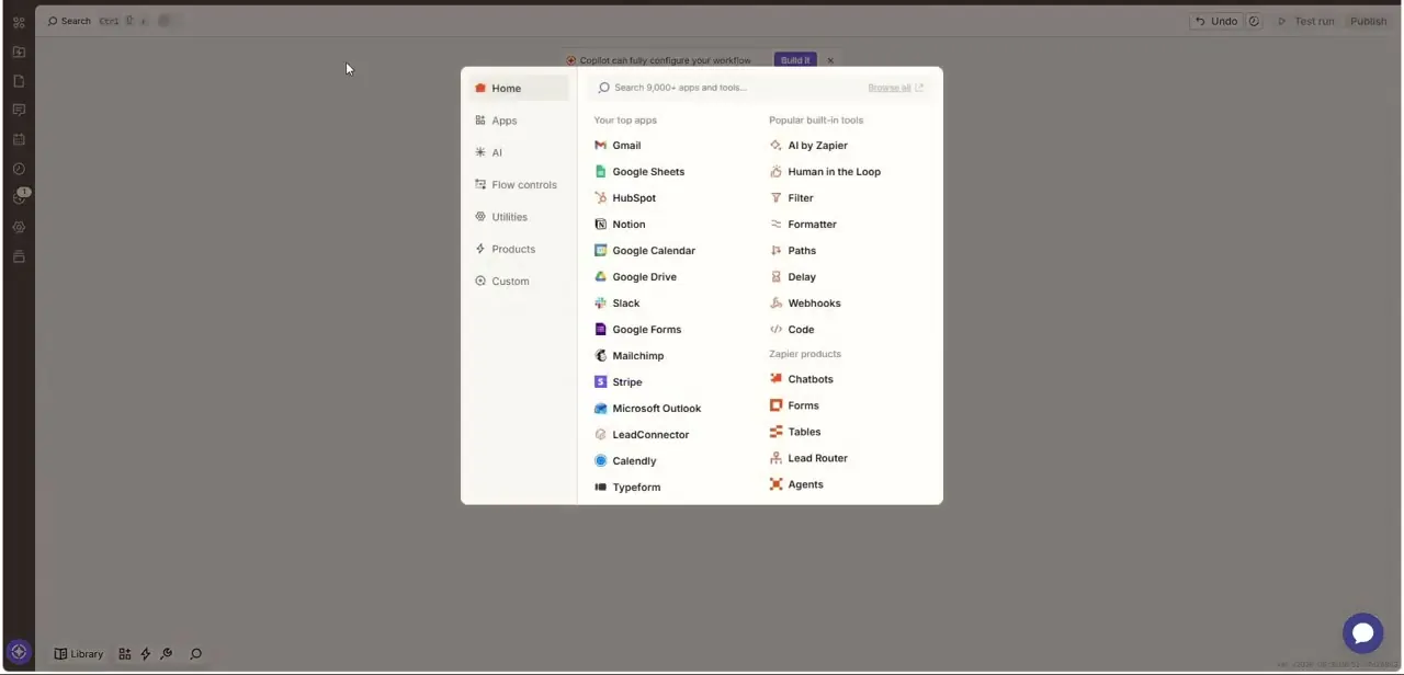 The Zap editor's app-picker panel, listing top connected apps like Gmail, Google Forms, and Slack next to built-in tools such as Filter, Paths, Delay, and AI by Zapier.
