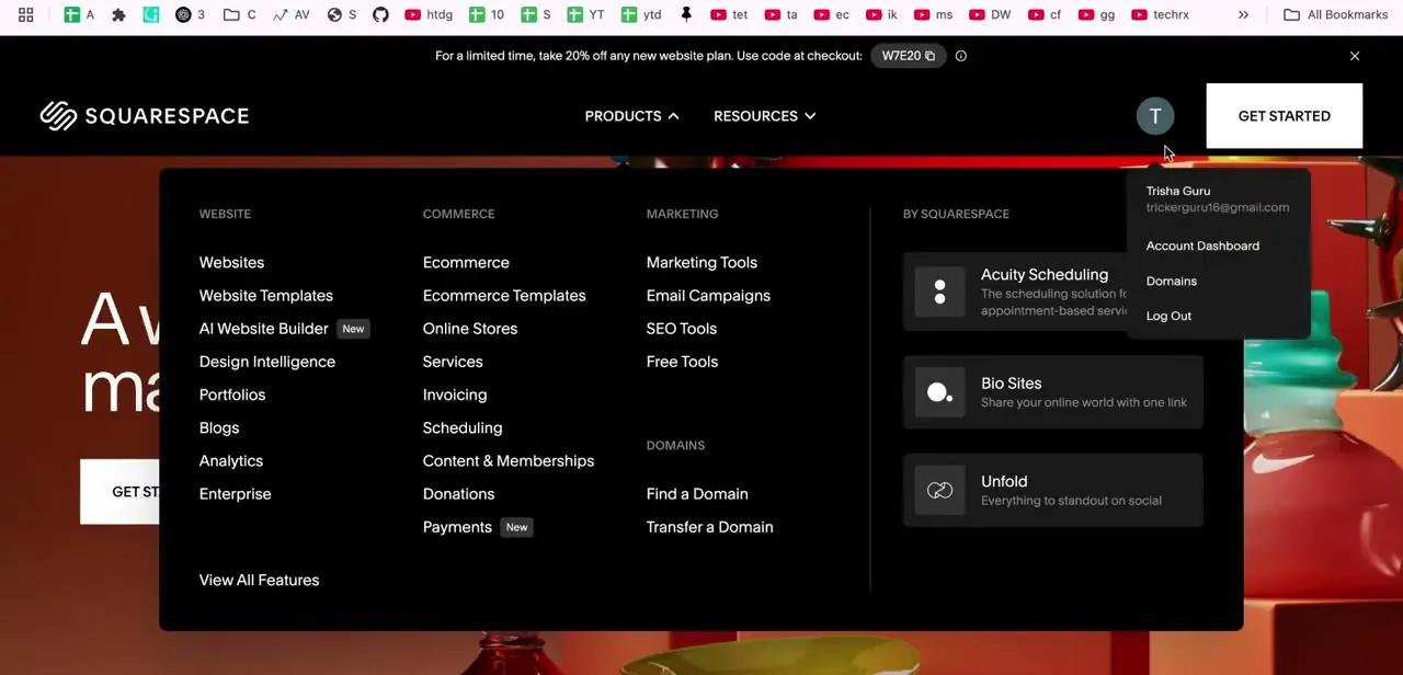 Squarespace's navigation, with Domains listed both under the account menu and as its own section — a second path to the same settings.