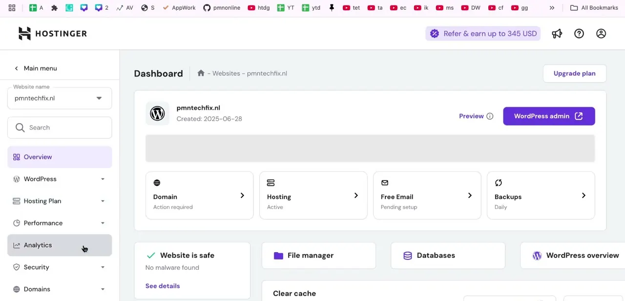 A website's hPanel dashboard, with File manager and Databases sitting right below the domain and hosting status cards.
