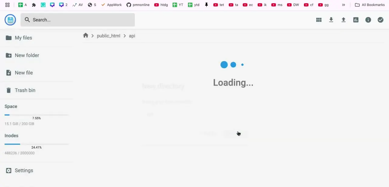 File manager open to public_html/api, ready to receive uploaded PHP files, with storage and inode usage tracked in the sidebar.