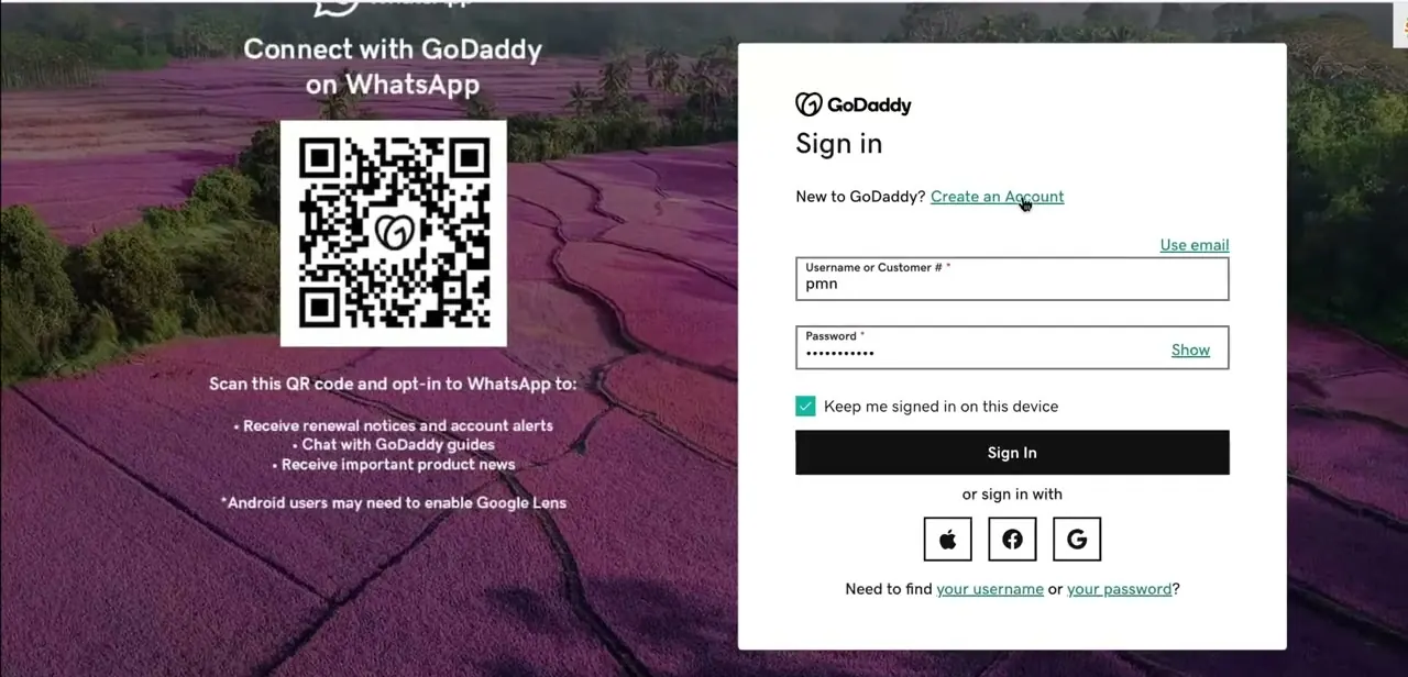 GoDaddy's sign-in screen, with username and password fields plus Apple, Facebook, and Google sign-in options.