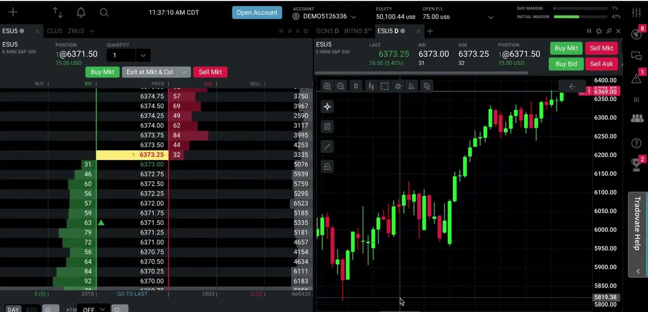 Tradovate's own trading interface, showing the order ticket, DOM ladder, and live chart for an ES futures position.