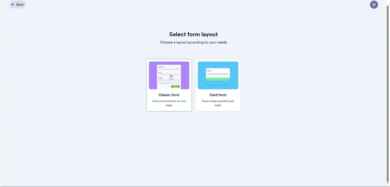 Choosing between a Classic form, with all questions on one page, and a Card form, which shows one question per page.