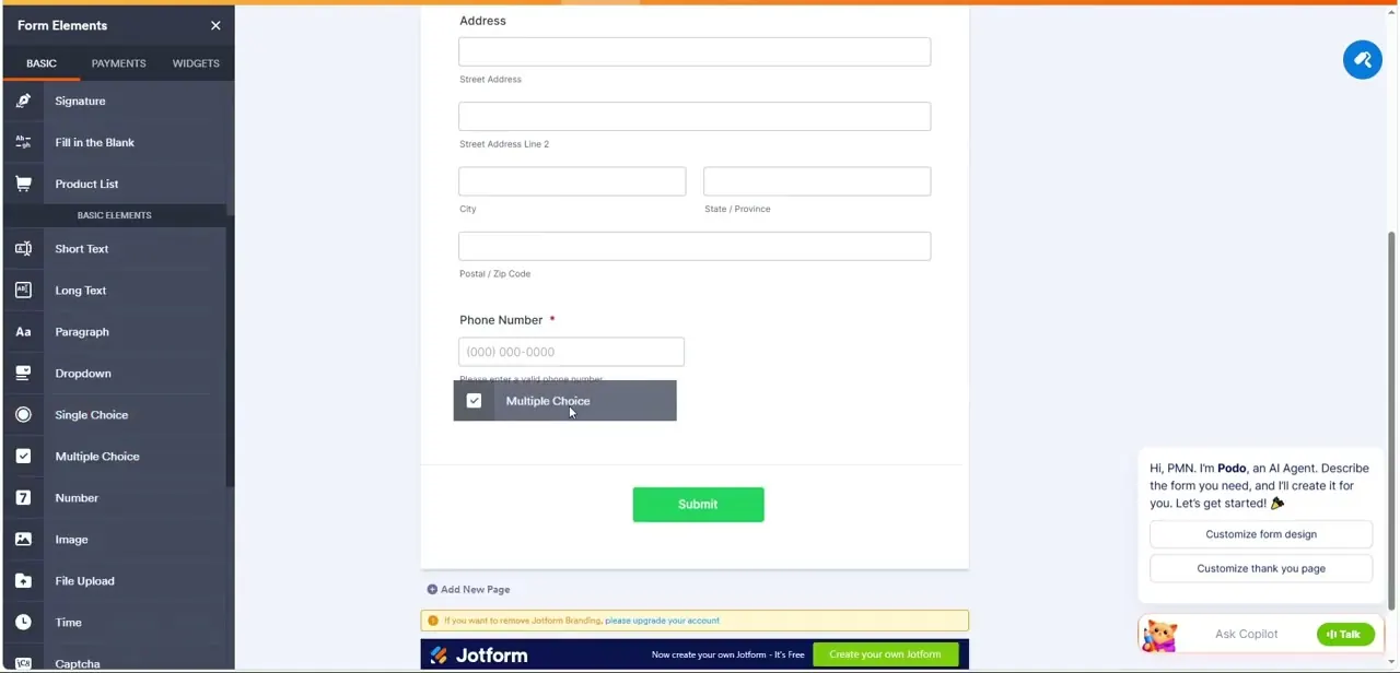 Editing a generated form — Address fields already split into sub-inputs, with a Multiple Choice field being dragged in after Phone Number.
