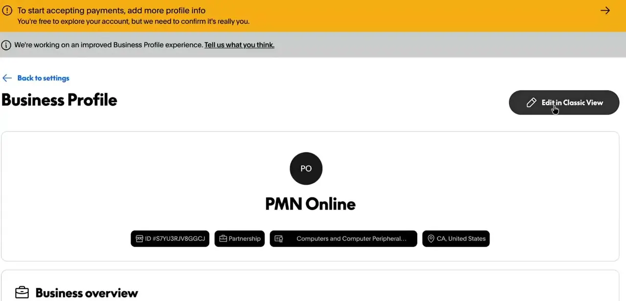 A Business Profile page showing the account ID, business type, and registered country as fixed details rather than editable settings.
