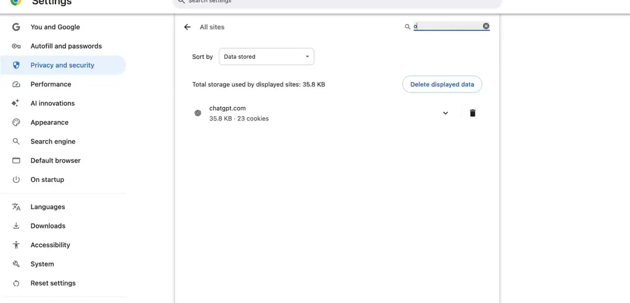 Searching Chrome's All sites list down to just chatgpt.com, ready to delete its stored cookies and data.