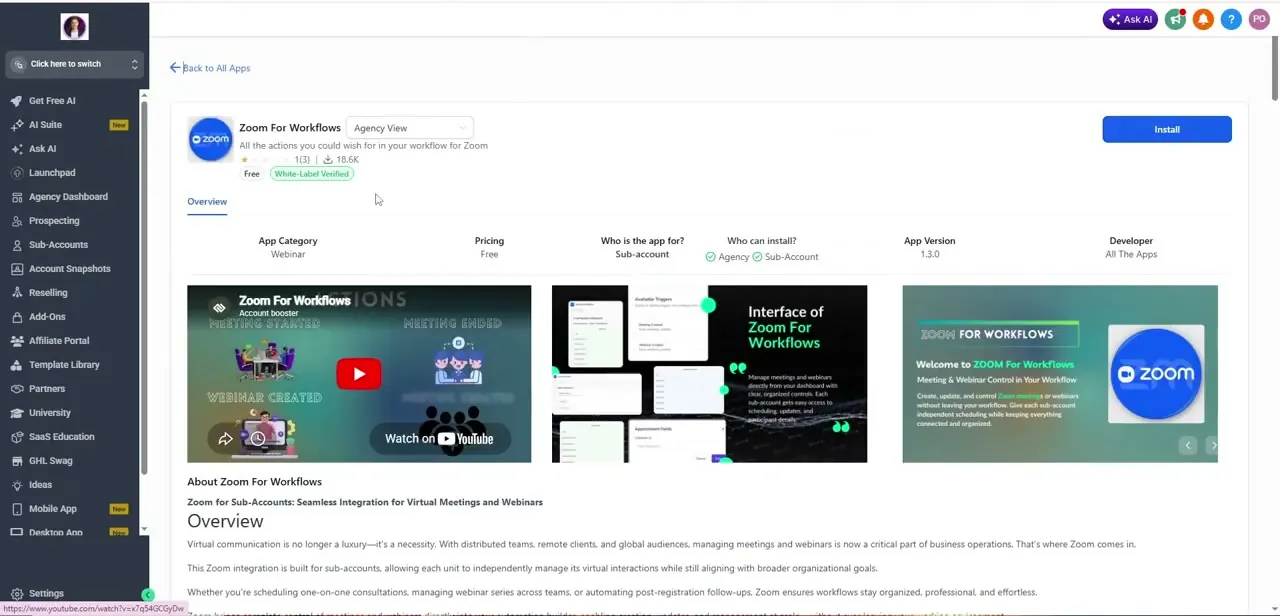 The Zoom For Workflows app page, showing it's free, sub-account level, and focused on webinar and meeting automation.
