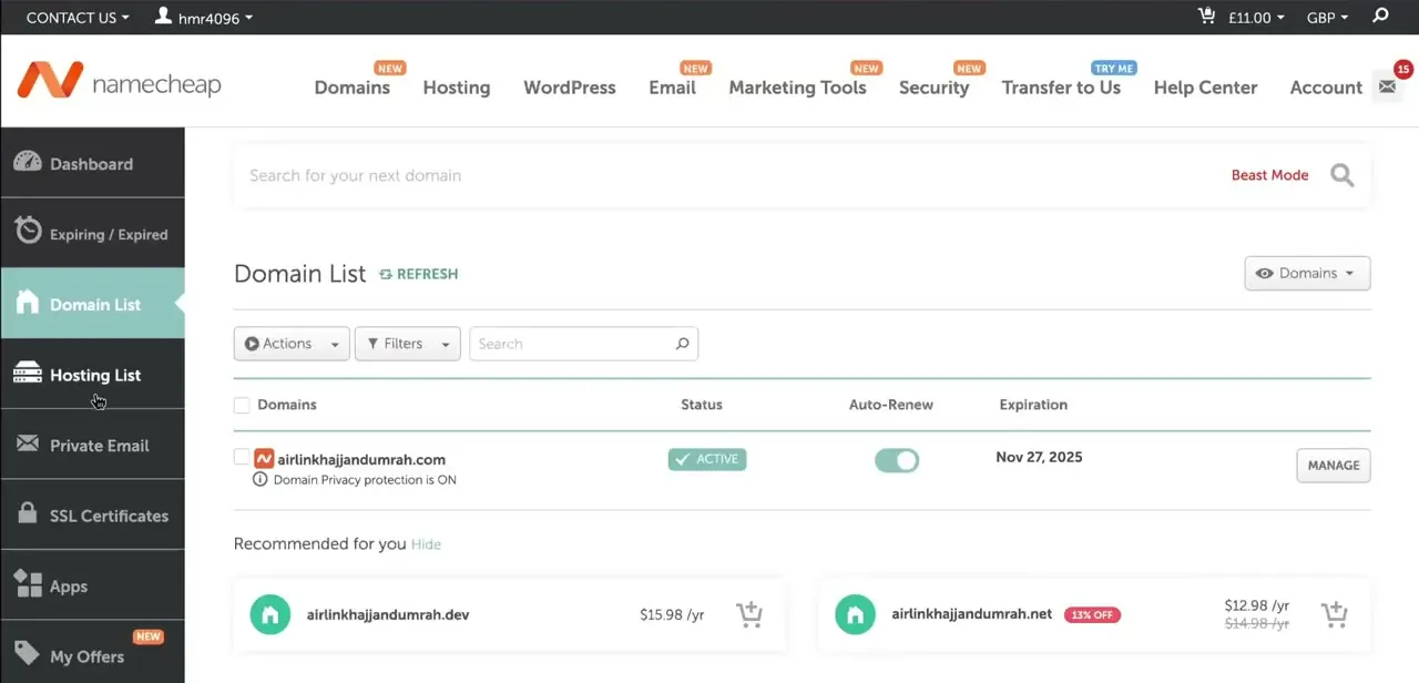 The Namecheap Domain List, showing existing domains with their status and expiration — the same screen your transferred domain will appear on once it completes.