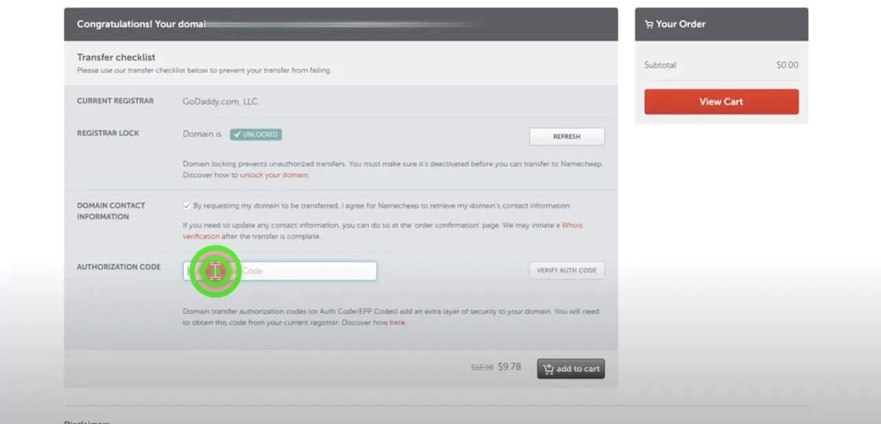 Namecheap's transfer checklist, confirming GoDaddy as the current registrar and an unlocked domain, with a field for the authorization code.