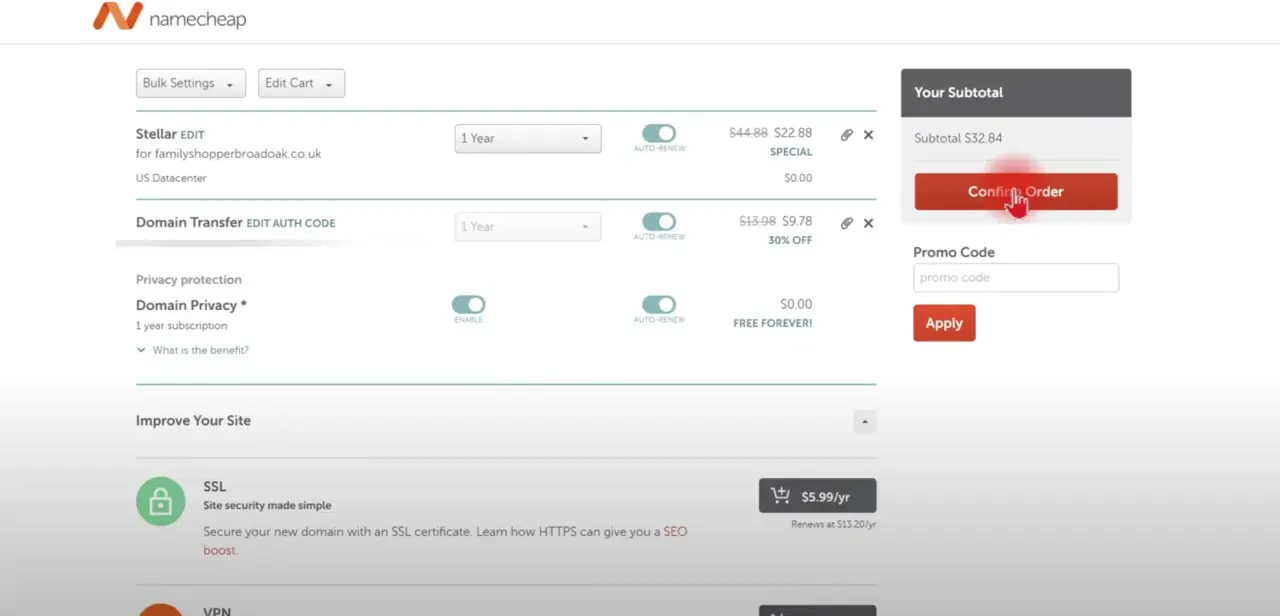 The Namecheap checkout cart with the domain transfer line item and its authorization code attached, ready to confirm.