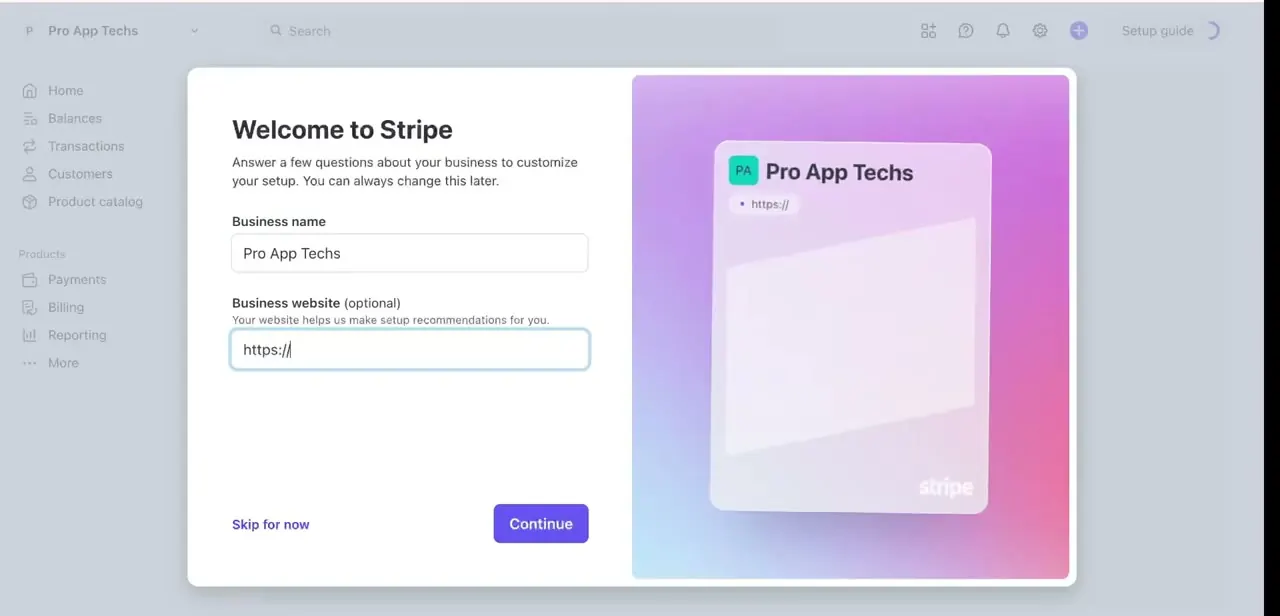 The Welcome to Stripe screen for a newly created account, asking for the business name and an optional website before the account is fully set up.