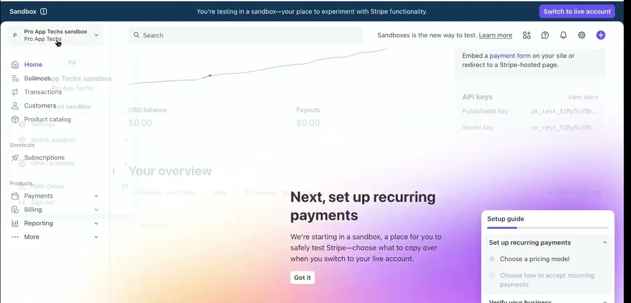 The dashboard for a newly created account, with the account switcher open and separate API keys listed under Developers for this account specifically.