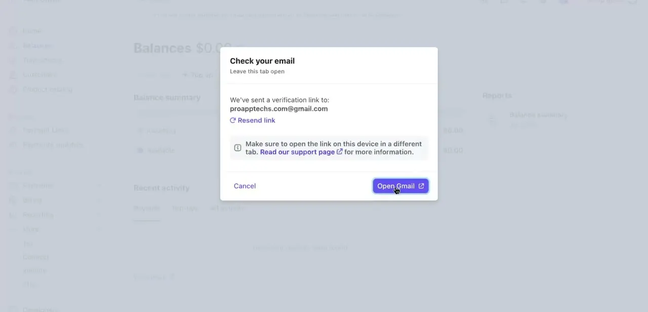 Stripe's email confirmation prompt after submitting a new payout destination — it asks you to leave the current tab open and approve the change from your inbox.