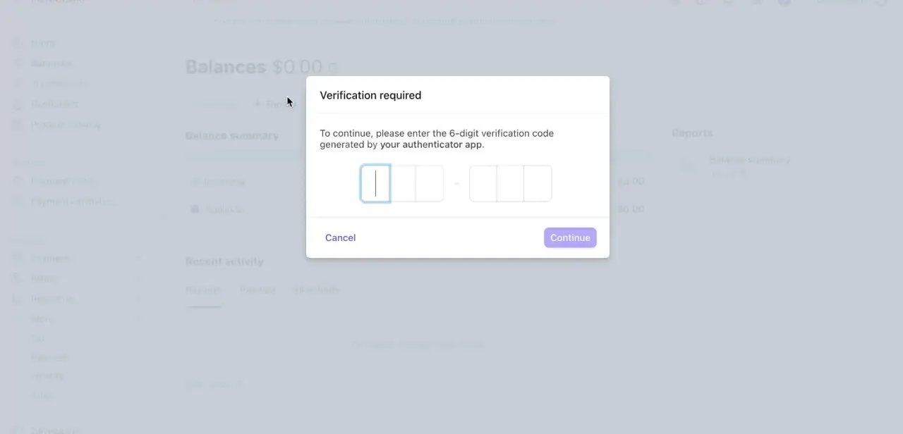 A two-factor verification prompt asking for a six-digit authenticator code — Stripe's extra check before a new payout account is finalized.