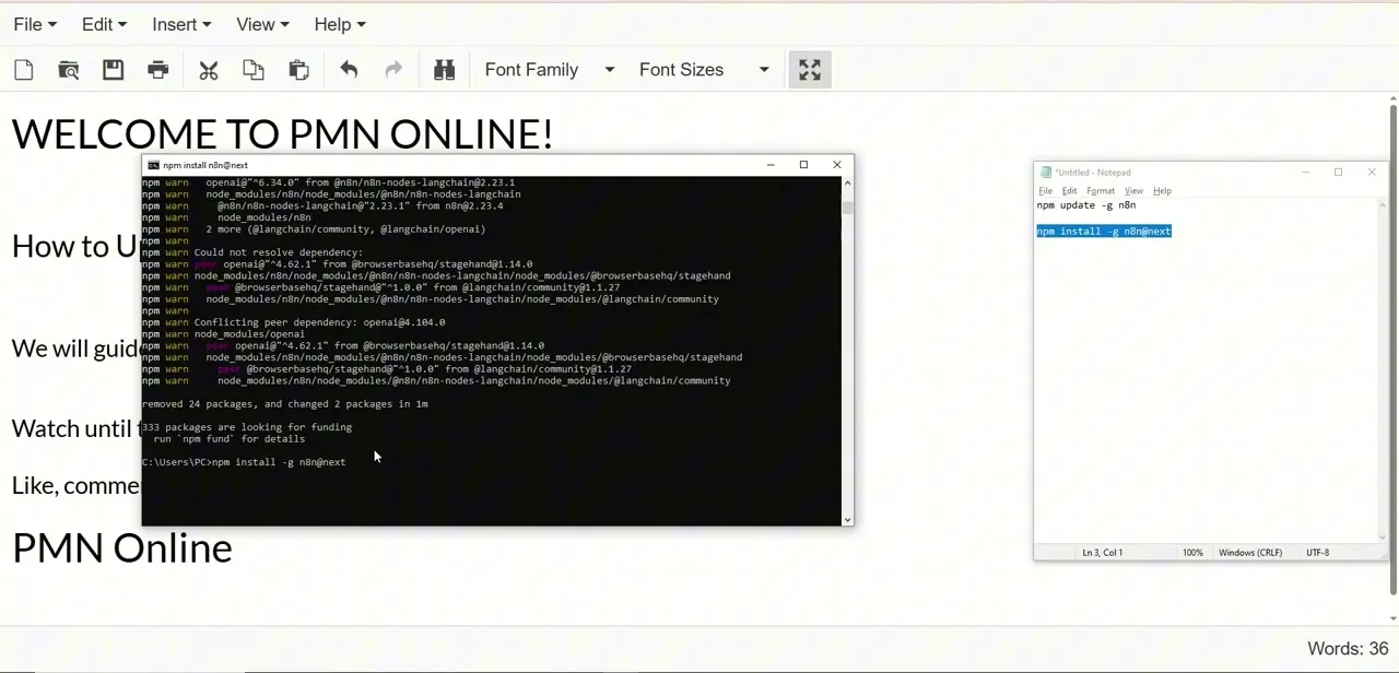 Running npm install -g n8n@next in the terminal, which installs the pre-release build rather than the current stable version.