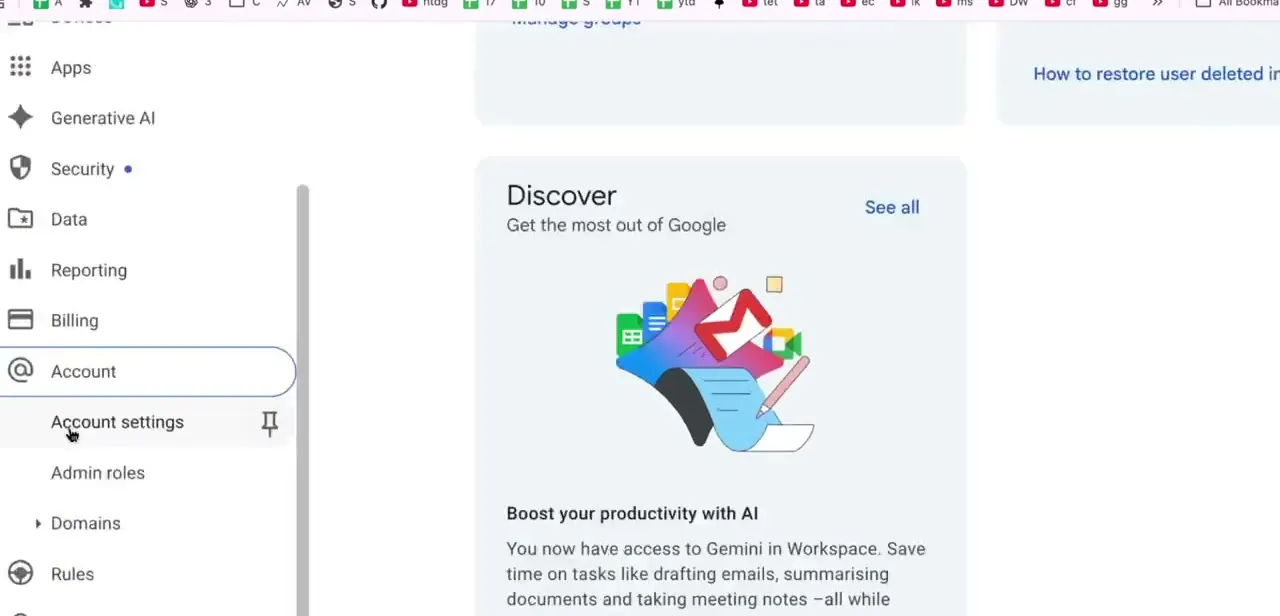 The Google Workspace Admin Console navigation menu, covering Apps, Security, Data, Reporting, Billing, and Account settings.
