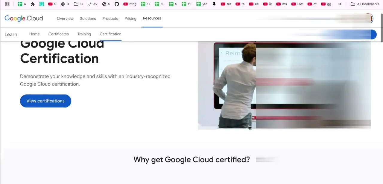 The Google Cloud Certification landing page, with a "View certifications" button leading to the full exam catalog.