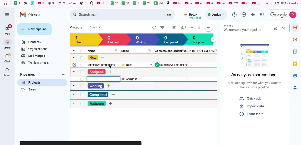A Projects pipeline with one entry already in the New stage, showing the stage-count header bar and the row-based editing table underneath.