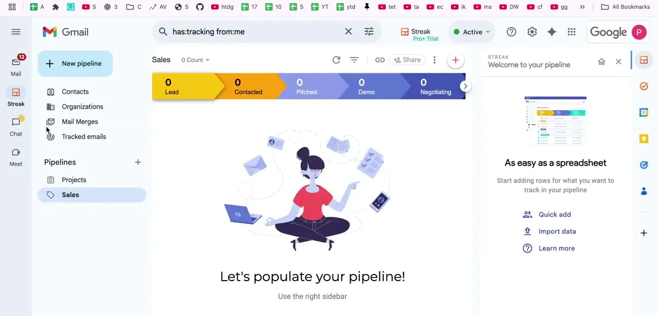 A newly created, empty Sales pipeline with its stage bar showing zero counts everywhere, and the sidebar prompting you to Quick add or Import data.