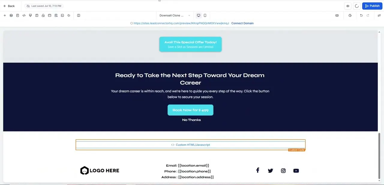 A published GoHighLevel page section, showing how a custom-coded element sits alongside the rest of the page's layout.