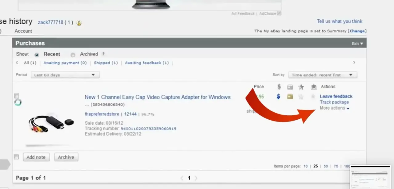 A purchase in the Purchases list, with checkboxes and an Archive button below for removing selected orders from the default view.
