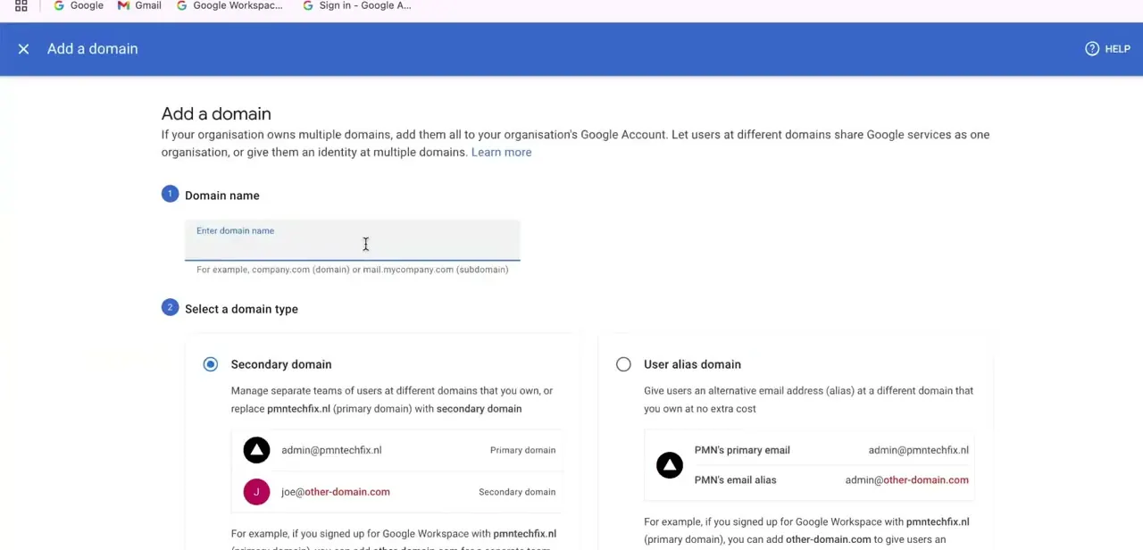The Add a domain screen in the Admin console, with the domain name field and the choice between Secondary domain and User alias domain.