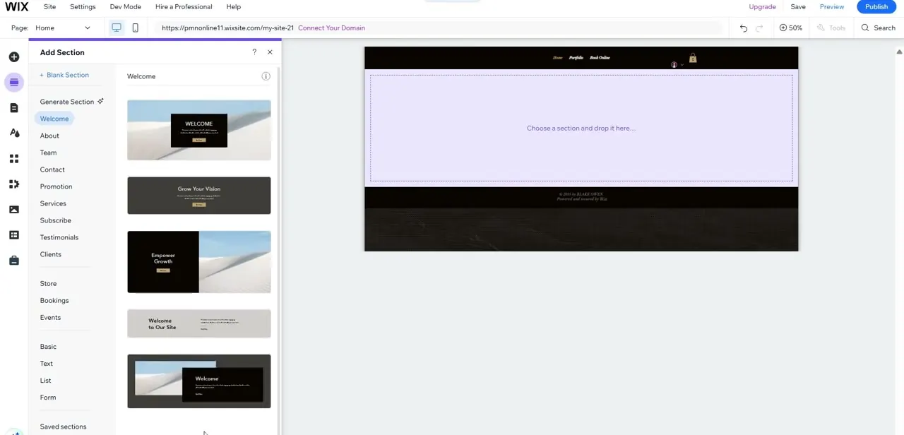 The Add Section panel, offering pre-structured layouts like Welcome, About, and Team to drop onto an otherwise empty page.